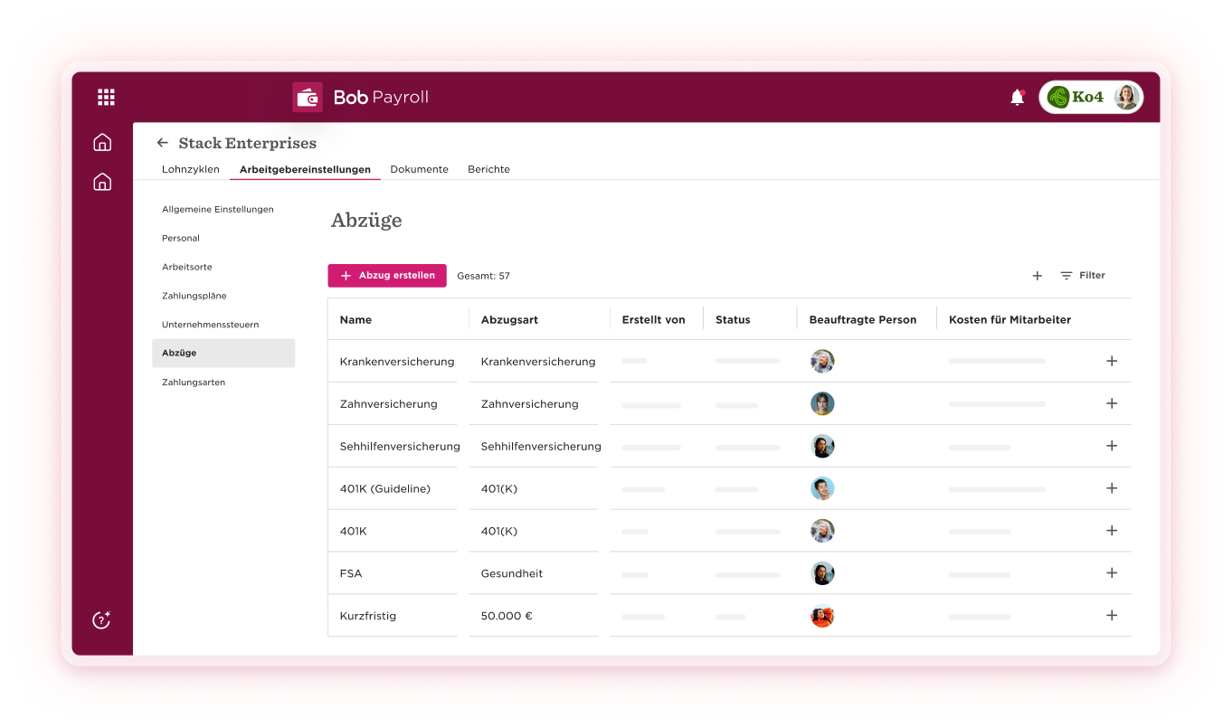 Payroll management interface showing employee deductions like health insurance and retirement plans. User-friendly design highlighted. Bob, Payroll, Deductions