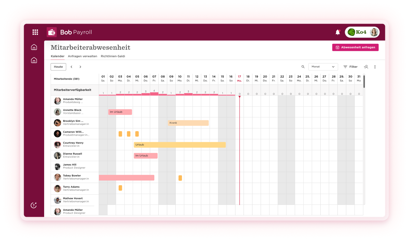 Mitarbeiterverfügbarkeit Übersicht im Bob Payroll Tool mit Daten für Krankheits- und Urlaubsabwesenheit, Kalenderübersicht, Mitarbeiterstatus