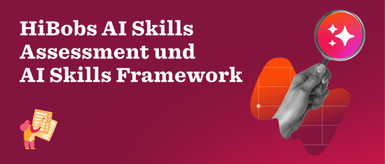HiBobs AI Skills Assessment, skills framework with a magnifying glass and animated character, on a vibrant background. , AI, Skills
