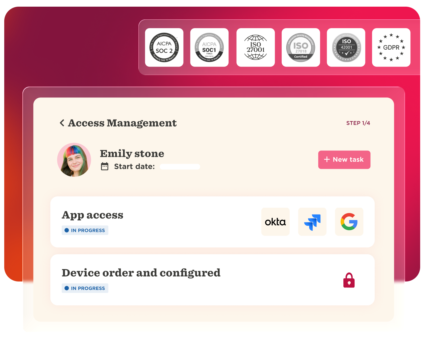 Access management interface featuring tasks for app access and device configuration, with user profile and certification badges. access management, app interface