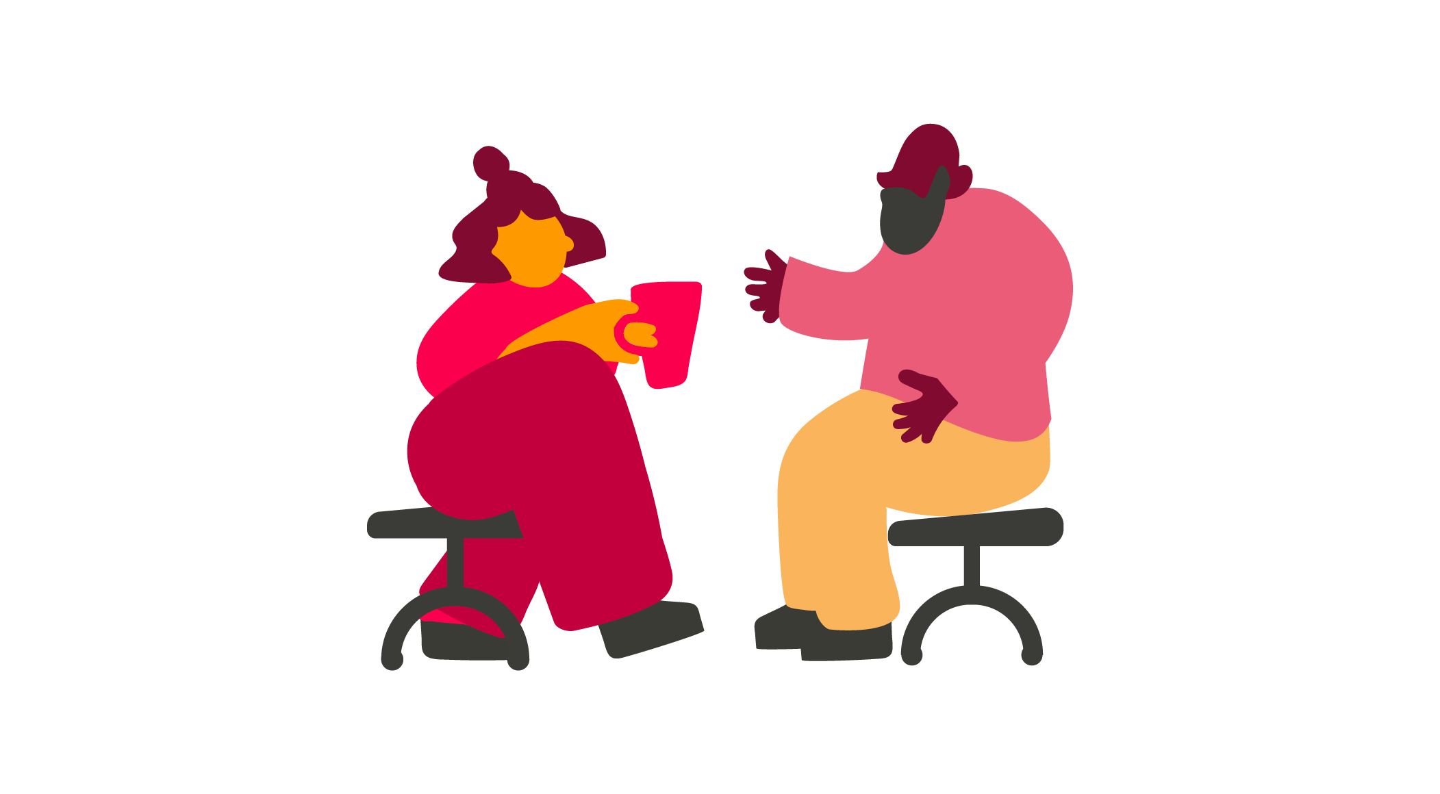stylized illustration of two figures seated, one with a steaming cup, engaging in conversation, colorful characters in casual discussion setting