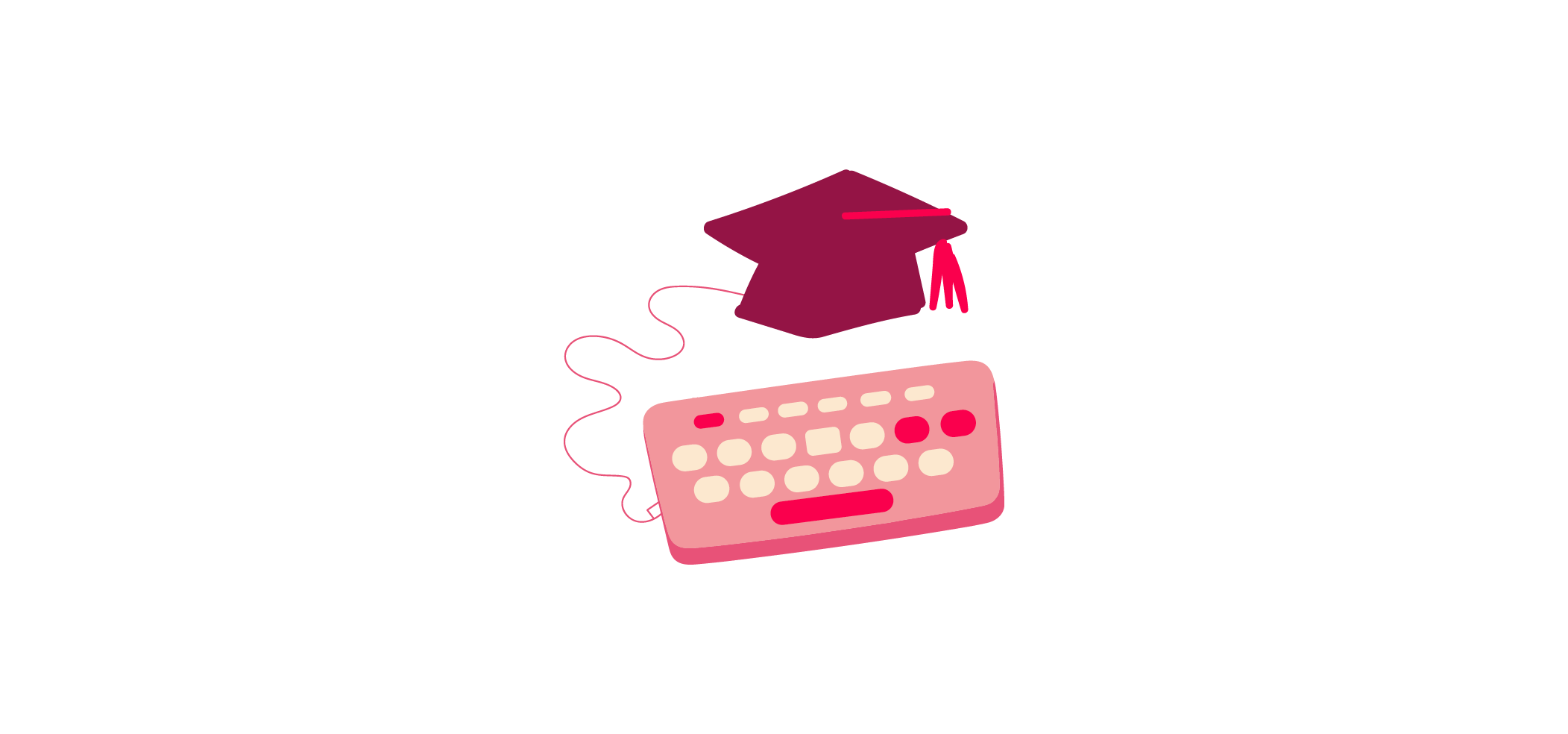 graduation cap and keyboard illustration representing online education, digital learning tools for students and graduates