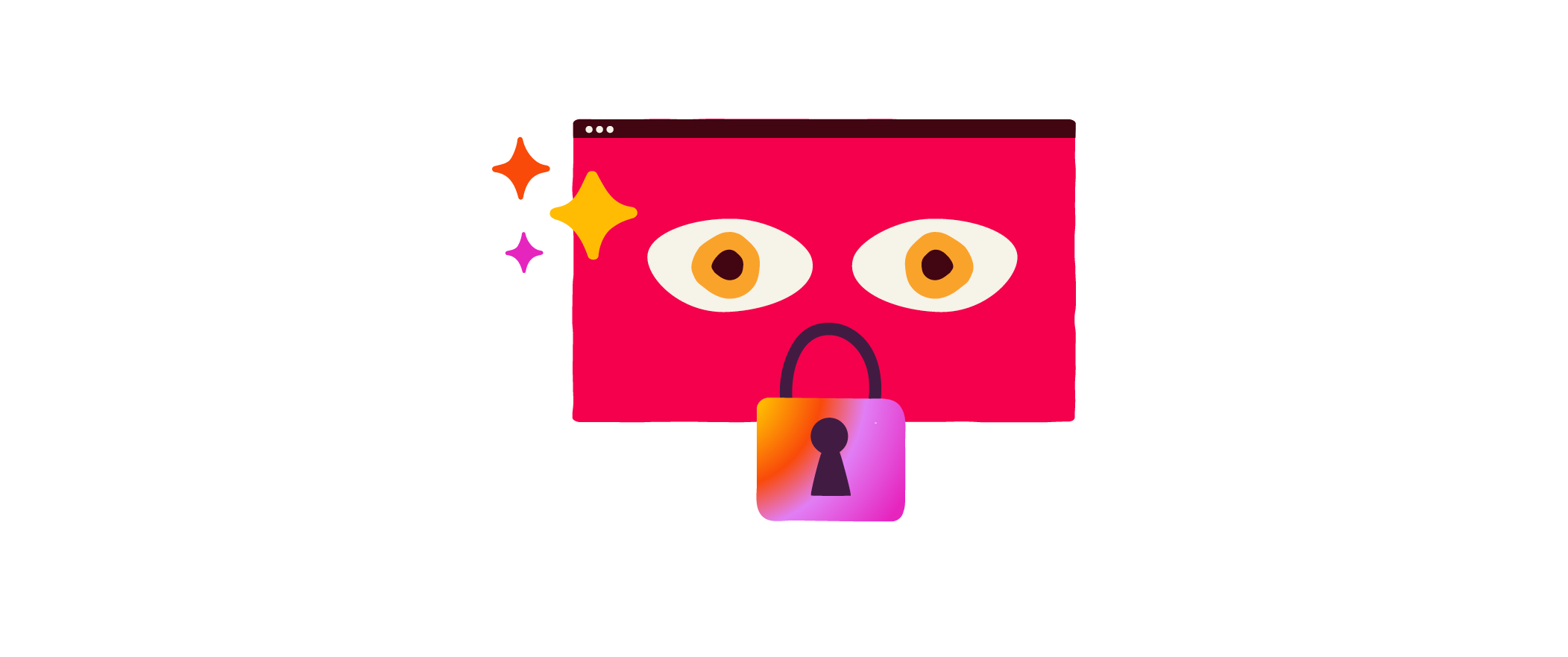computer screen with large eyes and a padlock, symbolizing online security and privacy, colorful design with sparkles, modern tech illustration