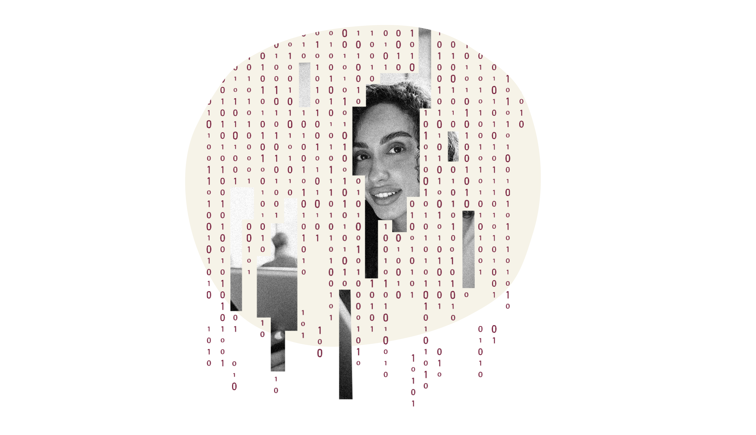 portrait of a woman overlapped with binary code on a light background, symbolizing technology and digital identity, woman's face with binary text representing data and technology