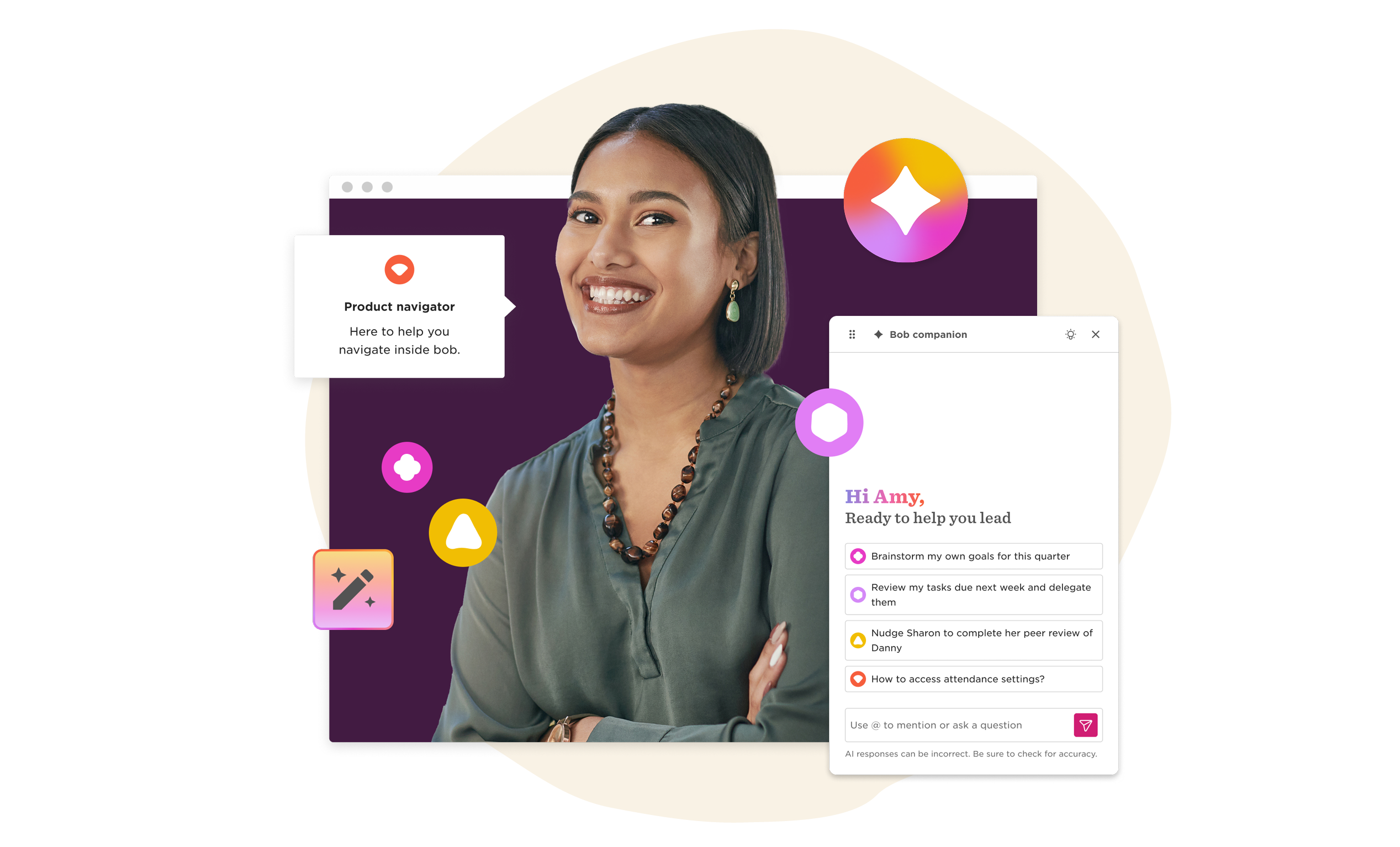 product navigator, AI assistant interface with user smiling, showing task-oriented tools and helpful prompts for guidance