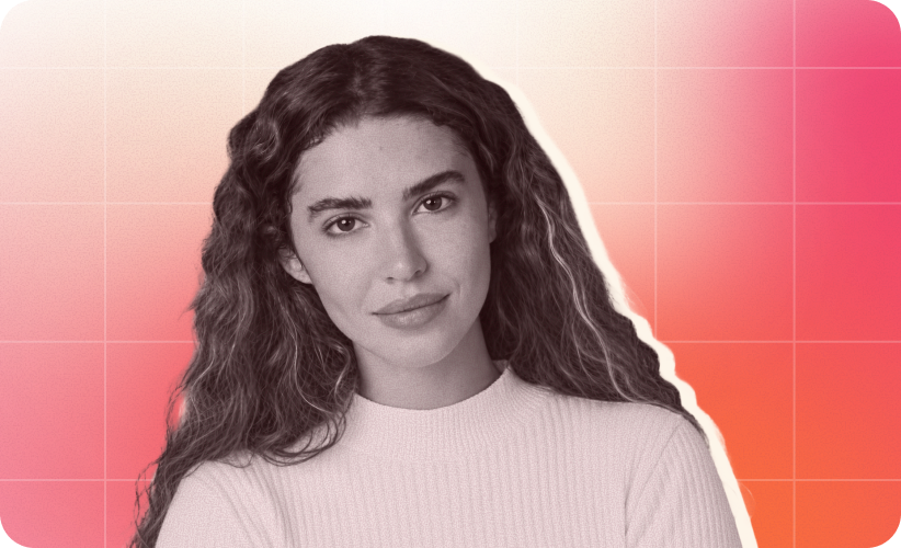 woman with wavy hair smiling, wearing a light sweater on a gradient pink background with geometric patterns, portrait, fashion