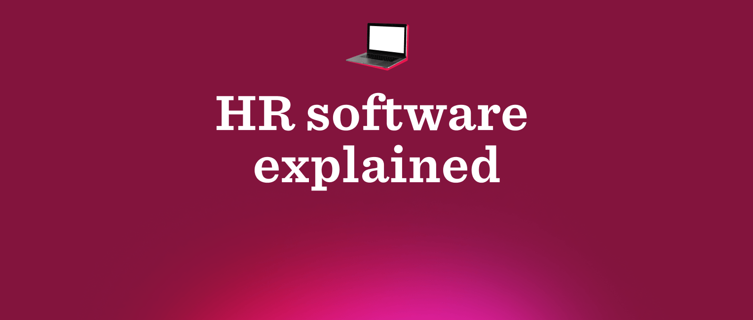 HR software explained with a laptop icon on a gradient maroon background, emphasizing technology in human resources. HR software, laptop icon