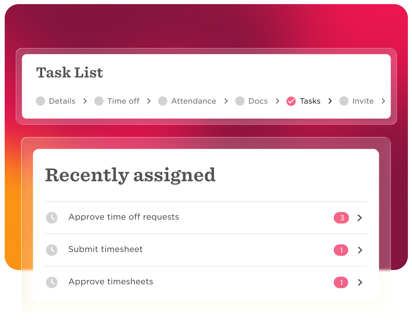 Task management interface displaying "Task List" and "Recently assigned" sections with item counts and action buttons. Tasks, task management