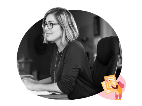 woman working at desk, black and white portrait with colorful design elements