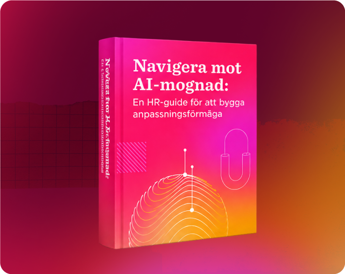 Navigera mot AI-mognad HR-guide om anpassningsförmåga, med färgglad grafisk design på bakgrund, futuristic book cover on AI maturity