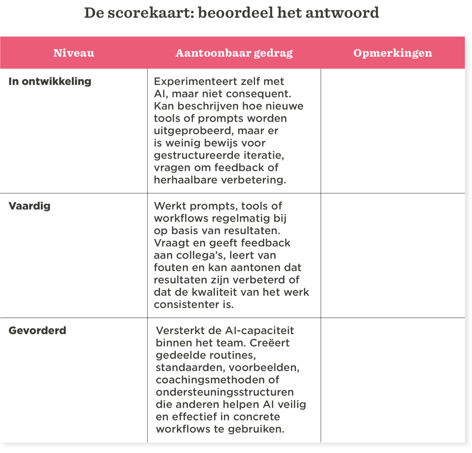 niveau, gedrag, opmerkingen, AI, team
