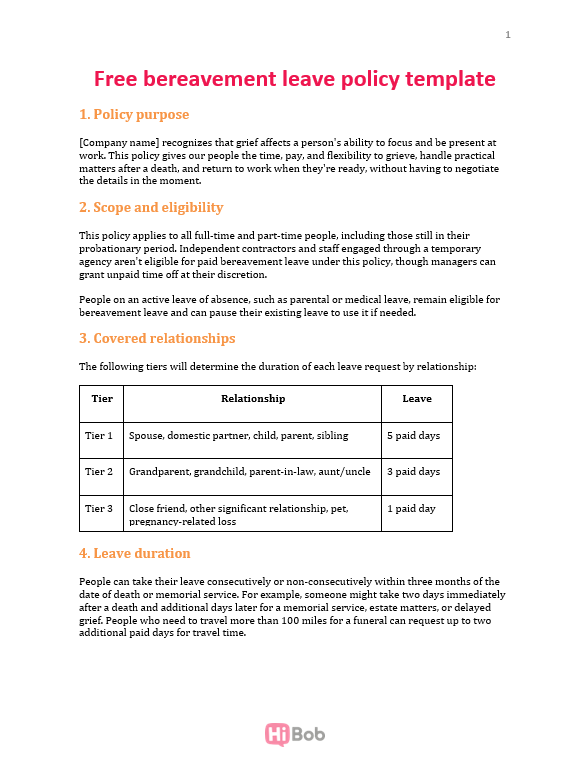 Screenshot of the first page of the free bereavement leave policy template