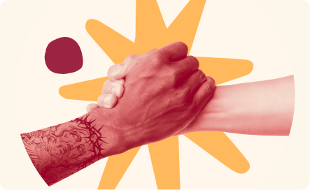 tattooed hand shaking, interlocked hands with colorful starburst background