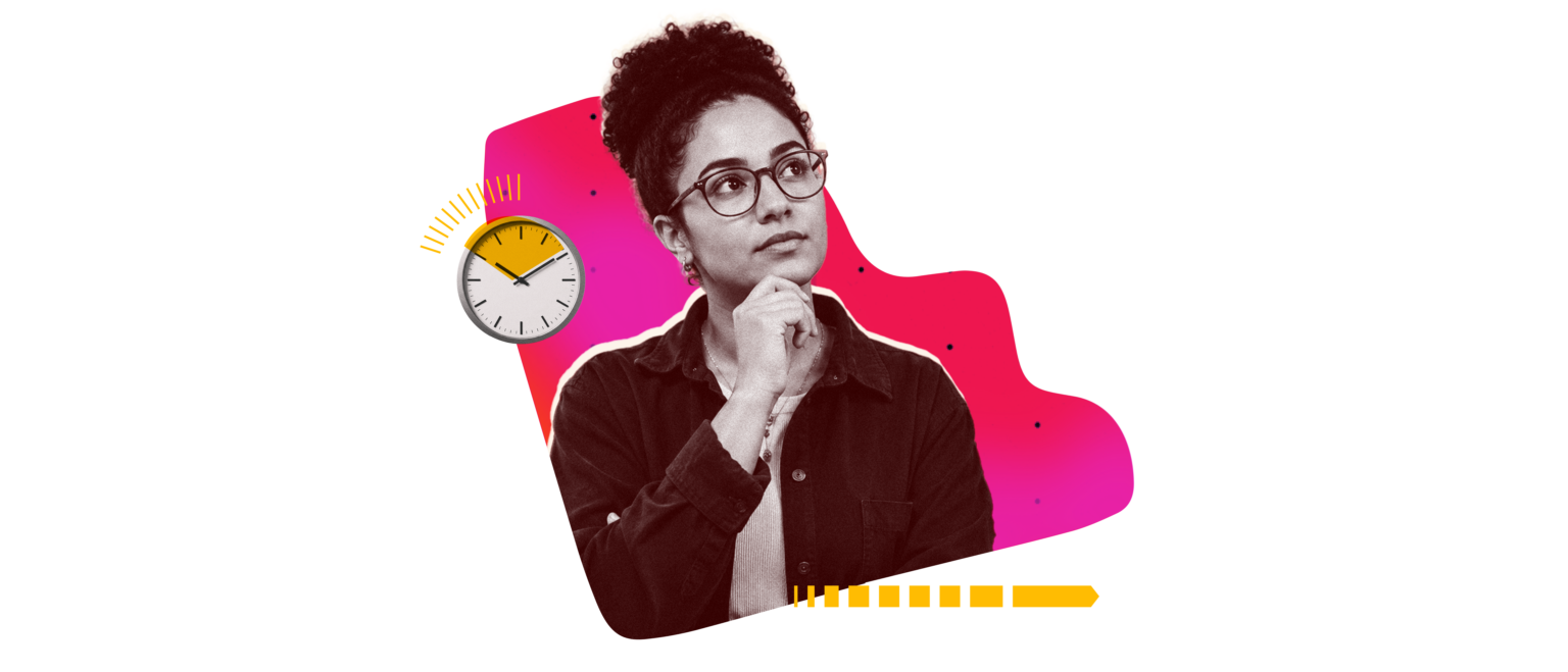 thoughtful woman with glasses, colorful background with clock and abstract shapes