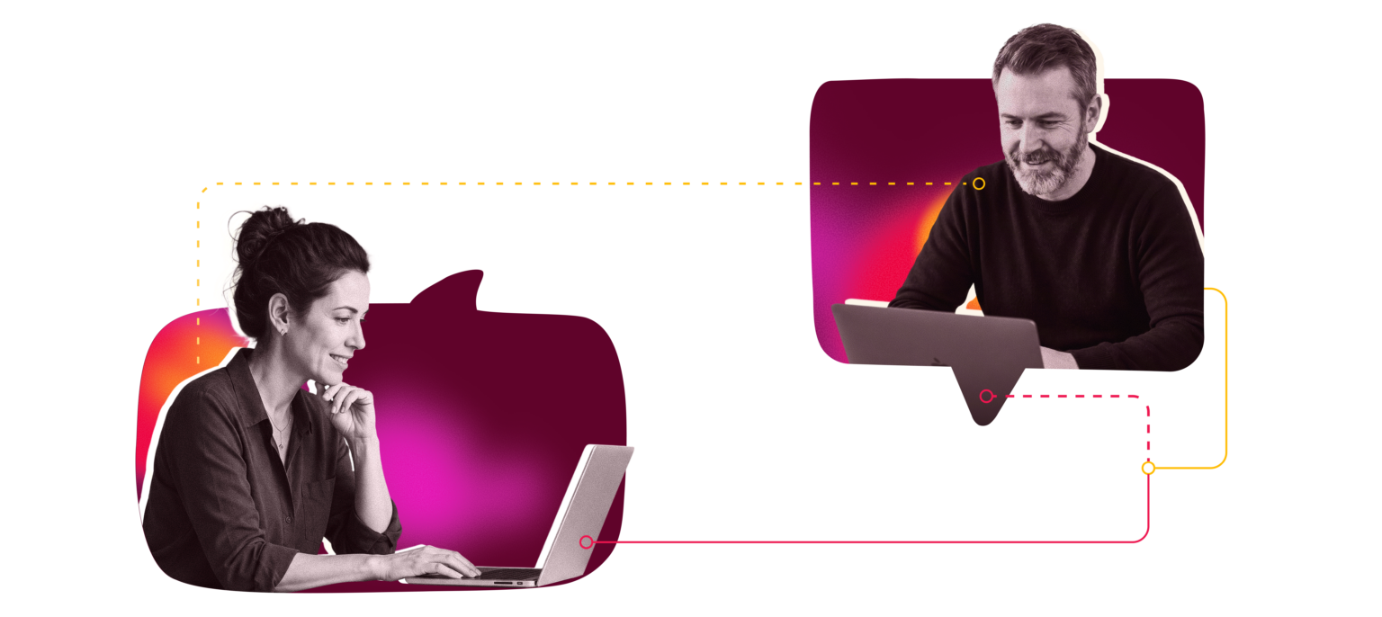 collaborative remote work, two people using laptops with vibrant backgrounds and connection lines representing interaction