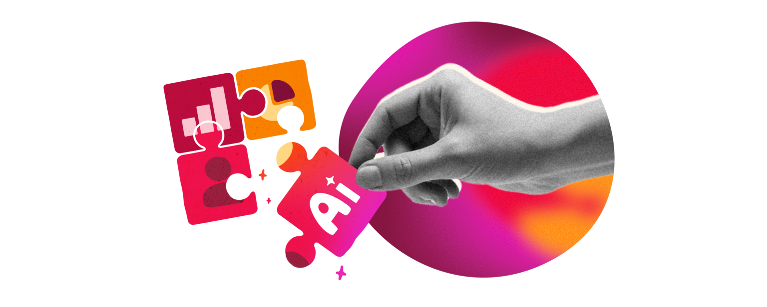 hand placing colorful puzzle pieces on a vibrant background, featuring graphics related to data and design, colorful puzzle pieces with graphics of data analysis and design tools