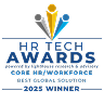 HR Tech Awards logo featuring a winner icon; highlights 2025 Best Global Solution for Core HR/Workforce., HRTechAwards, BestGlobalSolution