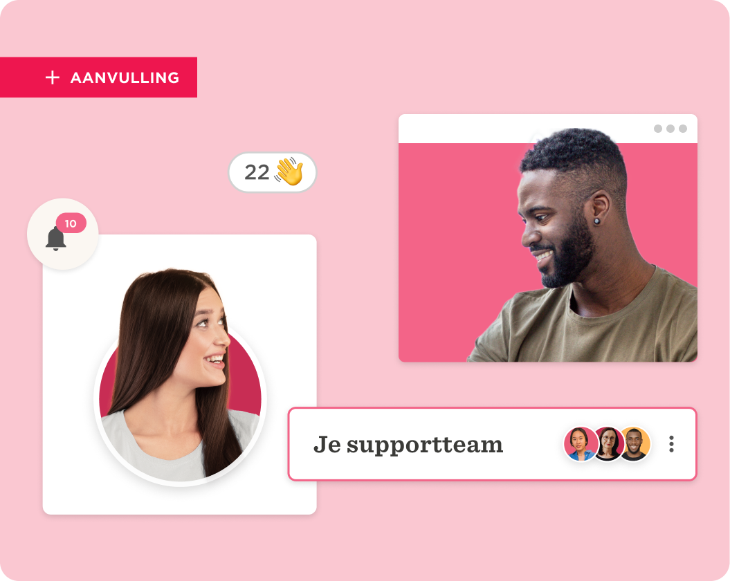 young woman smiling at a young man in a casual discussion; pink background; icons for notifications and support team, discussion interface with colorful notifications and smiling faces