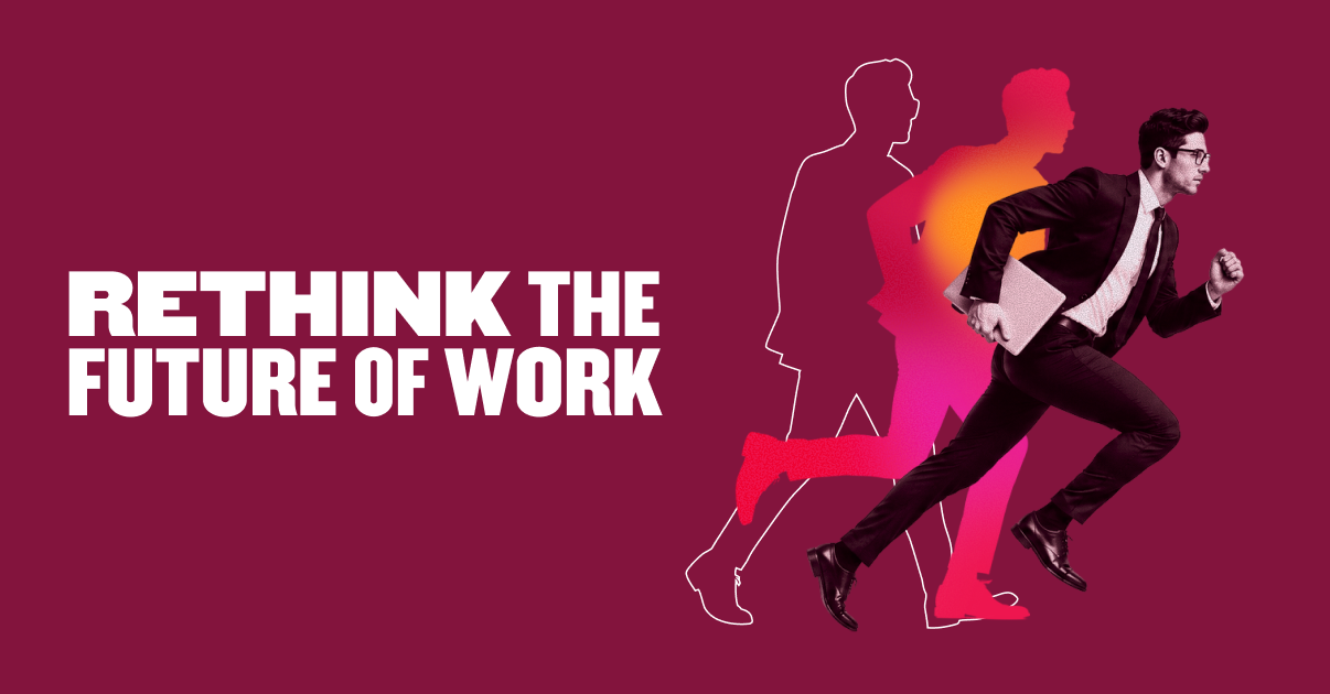RETHINK FUTURE OF WORK, businessman running forward with laptop behind colored silhouettes on maroon background