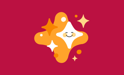 smiling cartoon star shape in orange and white with sparkling accents on red background, playful graphic design element for joy