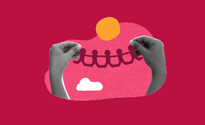 hands holding paper cutouts of people on a colorful background with a sun and clouds, teamwork and connection illustration