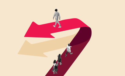 person walking on colorful arrows, group of people following different paths