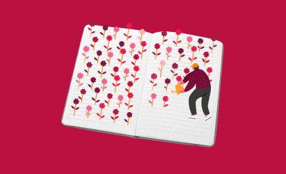 notebook, illustration, person, gardening, flowers