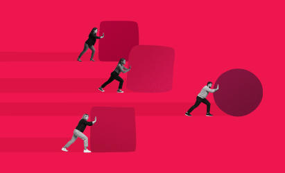 people pushing shapes, abstract red background with figures moving shapes