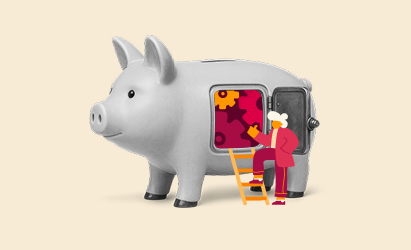 piggy bank with open door and character using ladder, financial savings concept with gears inside piggy bank