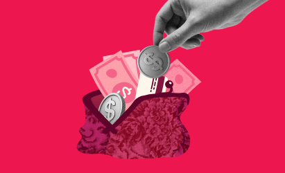 money bag, hands inserting coins
