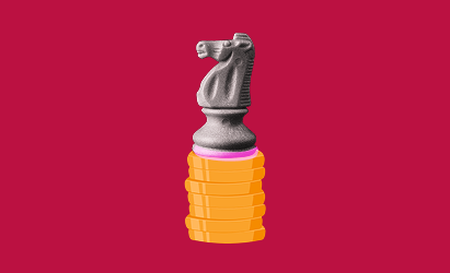 chess knight piece, stack of coins