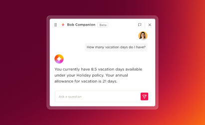 Bob Companion chat interface showing vacation balance and policy details, User inquiry about available vacation days and allowance