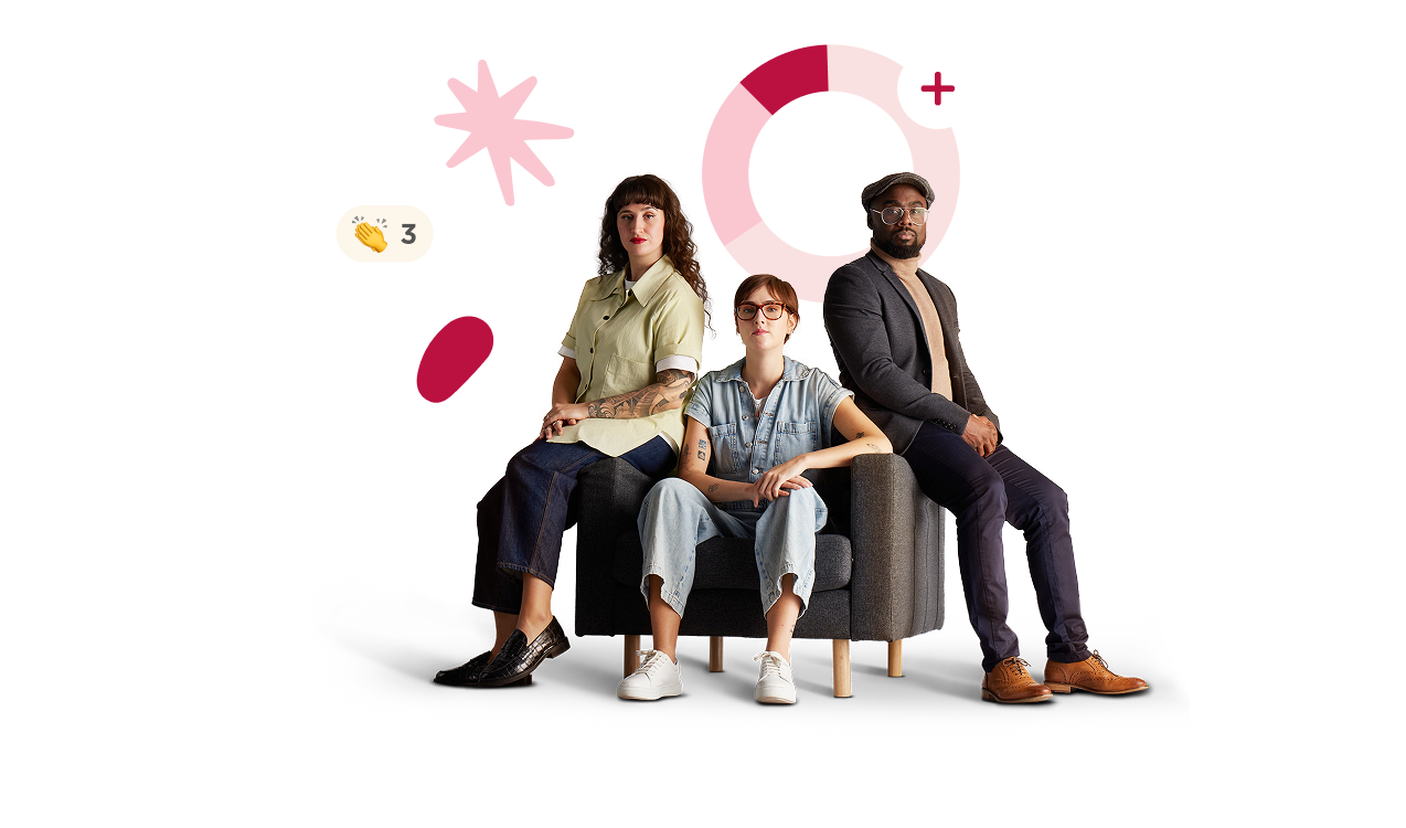 people sitting on a couch with colorful graphics, showcasing 38 job openings and playful decorative elements, job openings illustration with three individuals and vibrant design elements