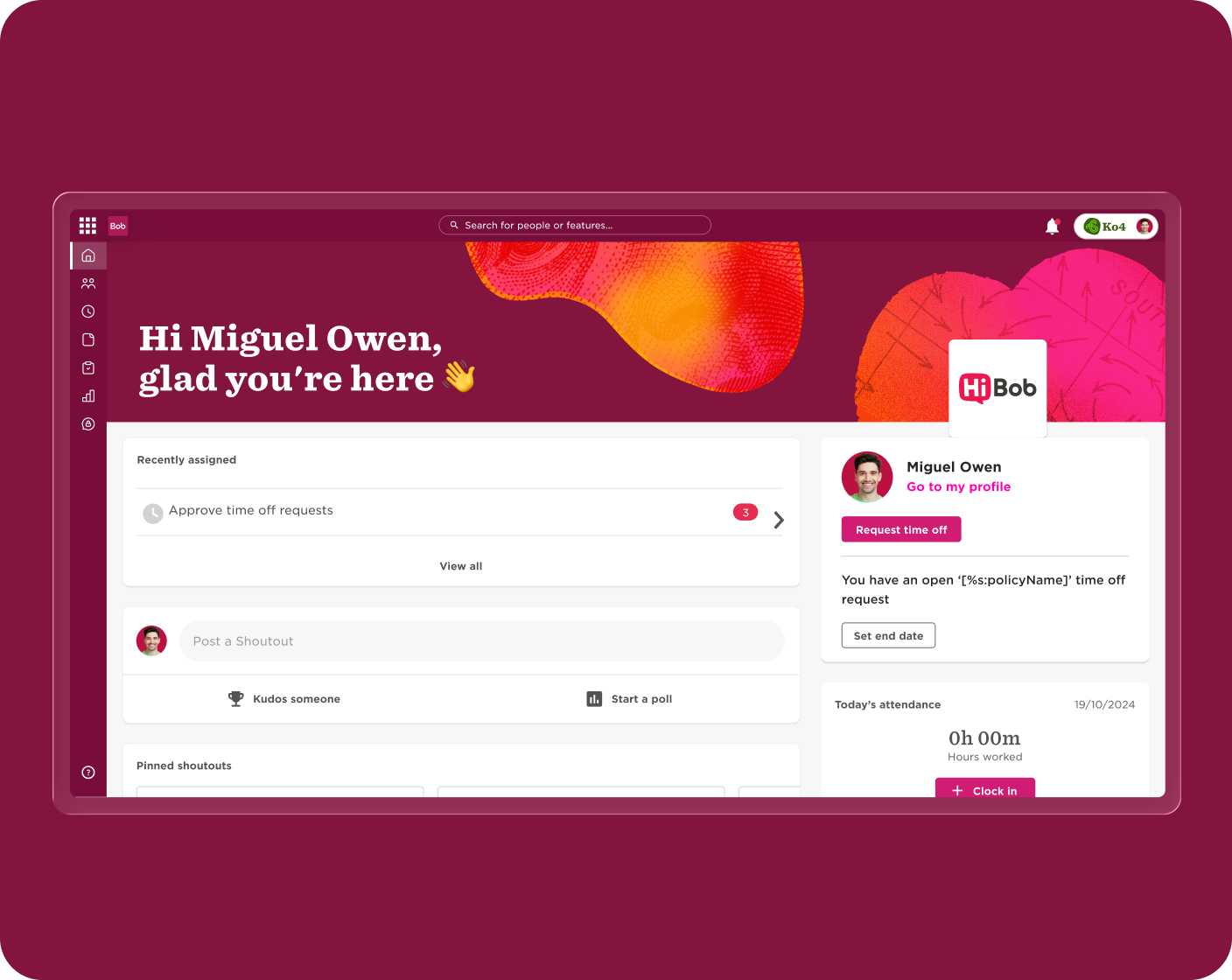 Hi Miguel Owen dashboard with options for time-off requests, attendance, and shoutouts in a colorful interface., Employee management interface with time-off and attendance features.