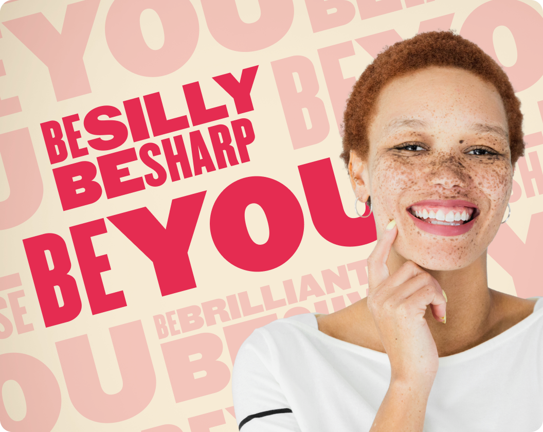 be yourself message with a smiling person and motivational text background, freckles, short hair, confident expression, uplifting tone