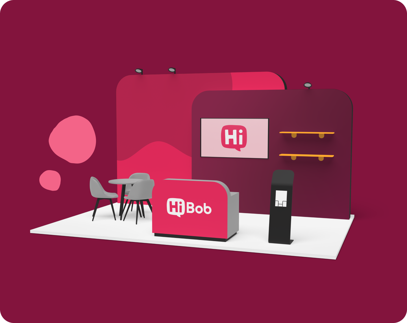 trade show booth, modern design with pink and gray elements showcasing a HiBob display and seating area