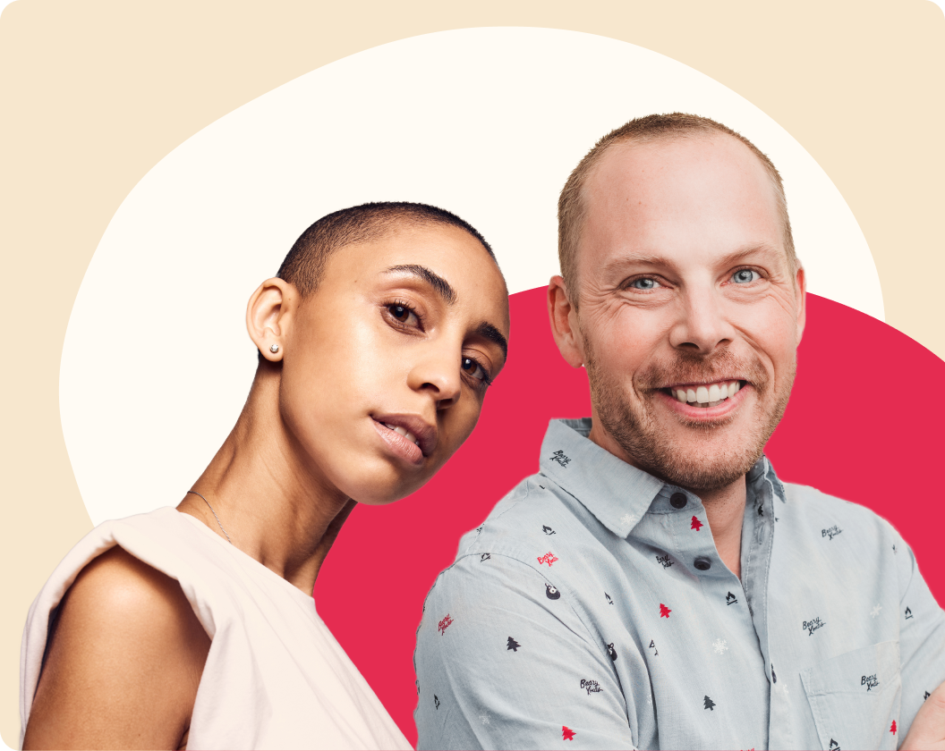 woman, man, smiling, portrait, colorful_background