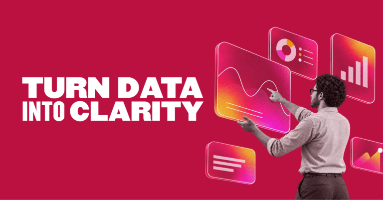 turn data into clarity, data visualization and analytics display with a person pointing at colorful graphs and charts