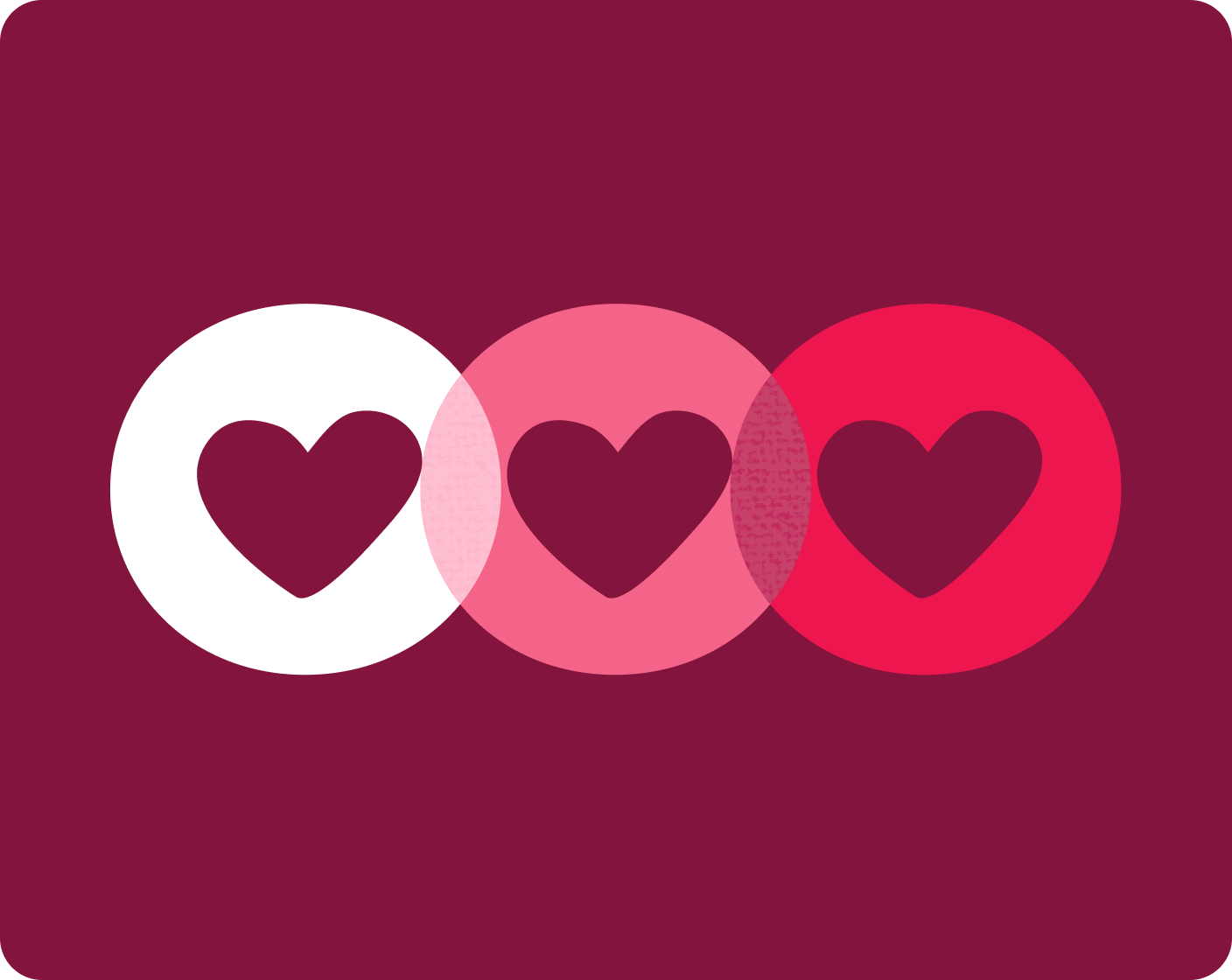 white pink and red heart icons overlapping on a maroon background representing love and connection, colorful heart symbols design