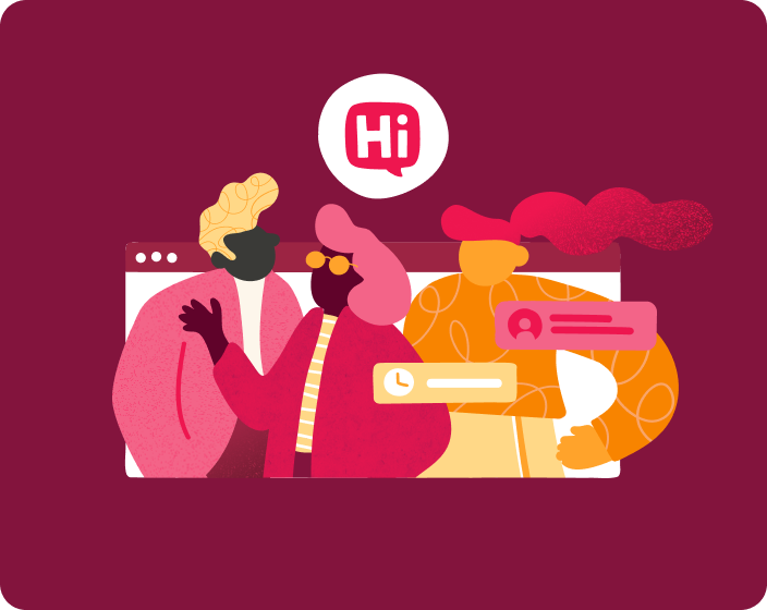 illustration of diverse figures chatting online with vibrant colors, speech bubble saying "Hi", and notification icons, diverse characters in conversation, digital communication theme, warm color palette