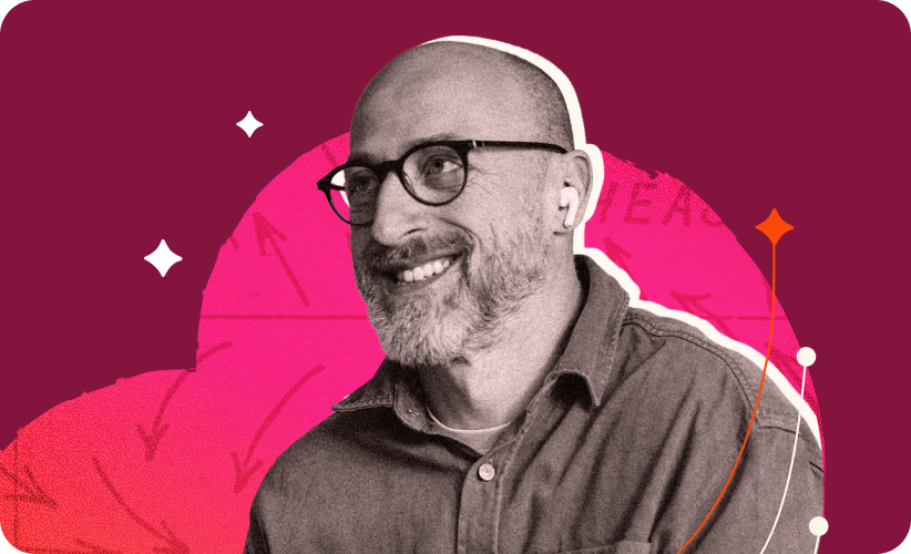 portrait of a smiling man with glasses and earbuds against a vibrant pink background with geometric design elements, smiling man with glasses and earbuds on colorful background