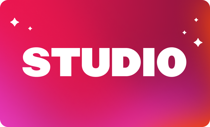 studio logo on a vibrant gradient background with sparkling stars, colorful graphic design featuring bold white text