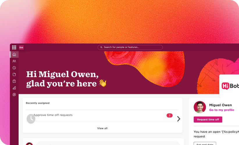 Hi Miguel Owen, welcome message on a vibrant, user-friendly dashboard with action items and profile view. , dashboard, user-interface