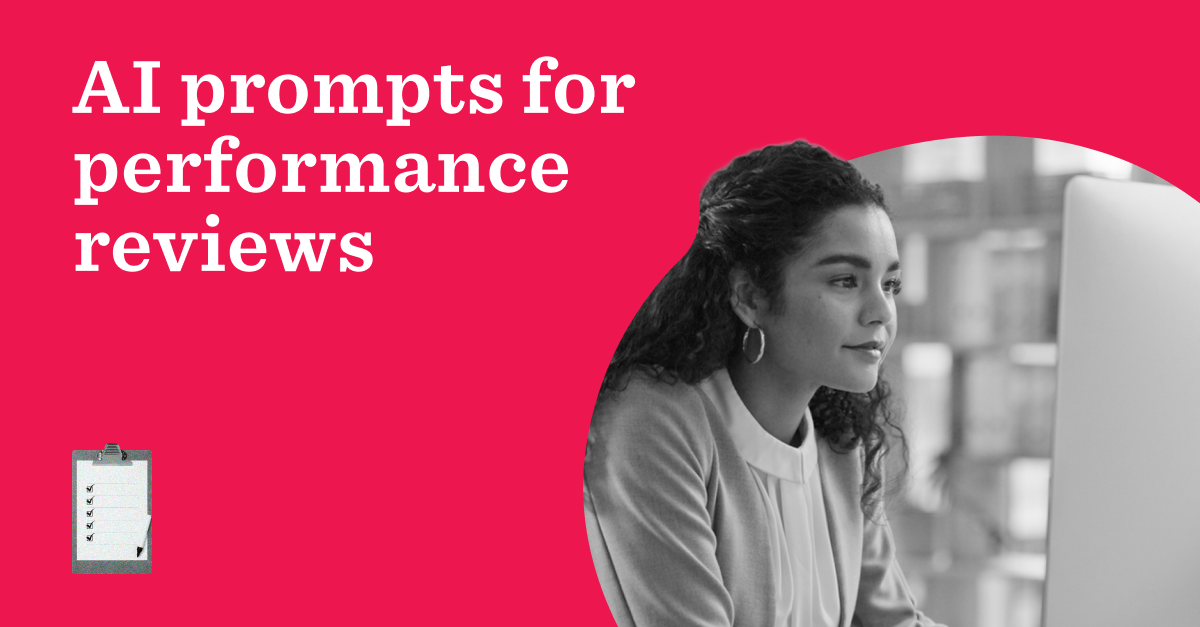 AI prompts for performance reviews title card with a manager working at a computer and a checklist clipboard icon