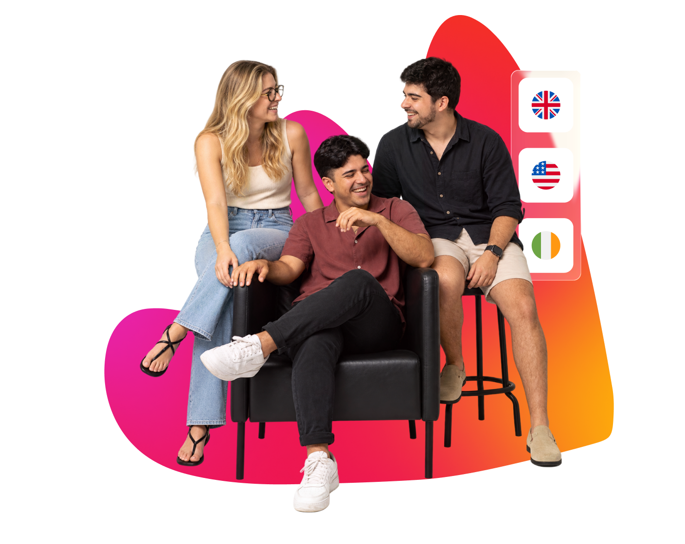 diverse group of friends laughing on furniture with language icons, vibrant background colors, friendship, languagelearning
