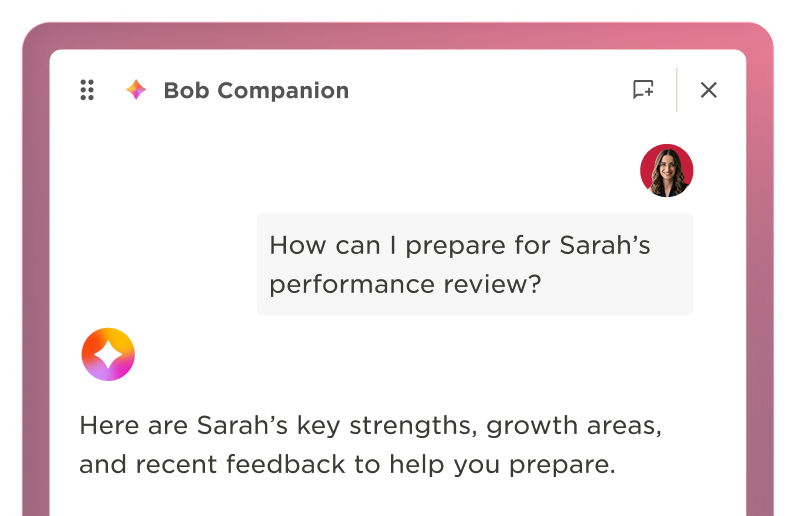 Bob Companion interface displaying performance review preparation query and key feedback elements for employee growth. , performance-review, employee-feedback