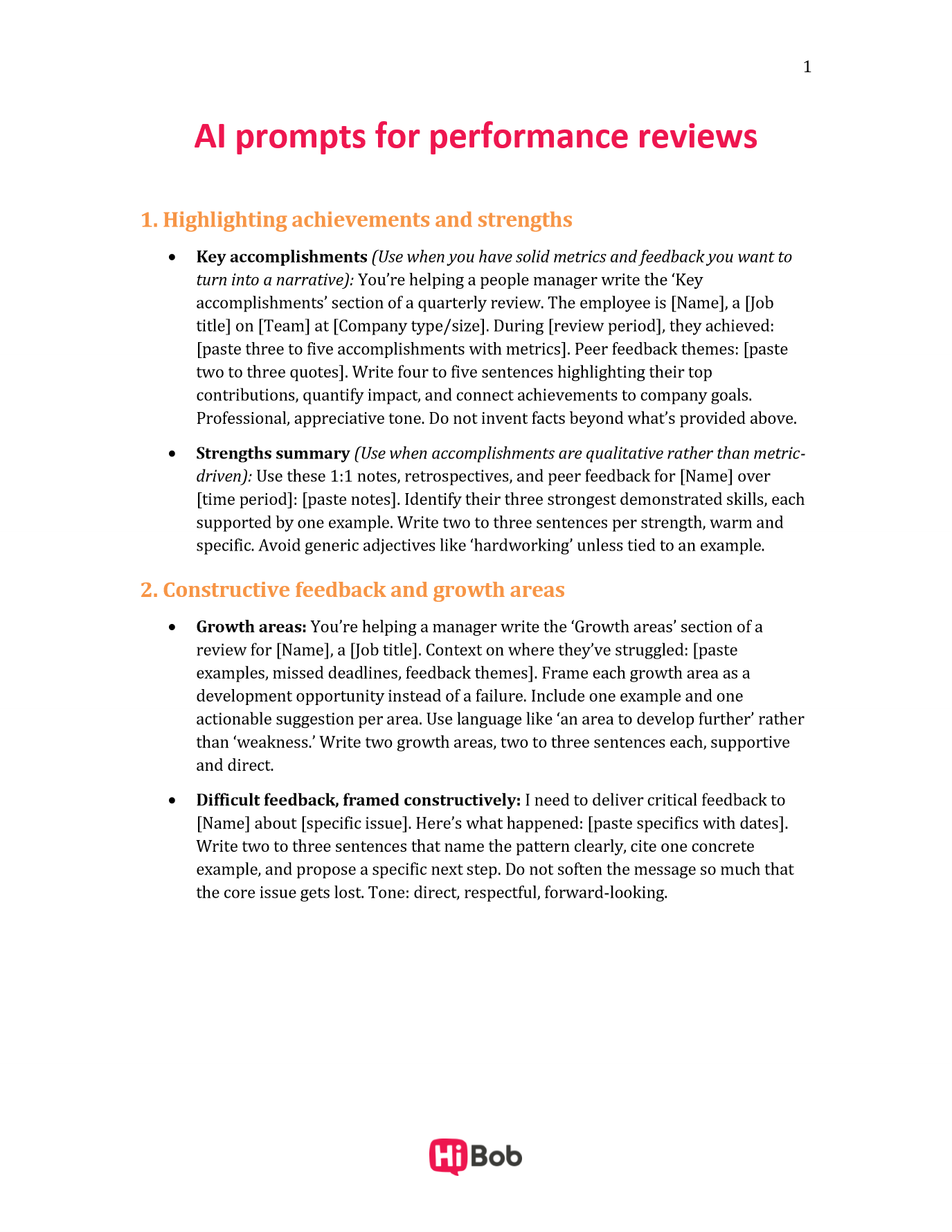 Preview of the HiBob AI prompts for performance reviews Word template, showing prompts for highlighting achievements and giving constructive feedback