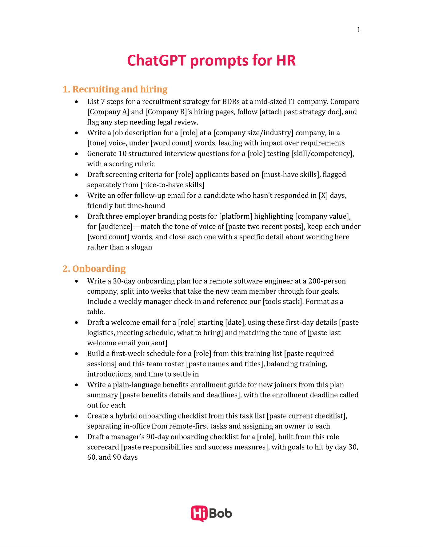A preview of HiBob’s free ChatGPT prompts for HR template, showing prompts for recruiting, hiring, and onboarding