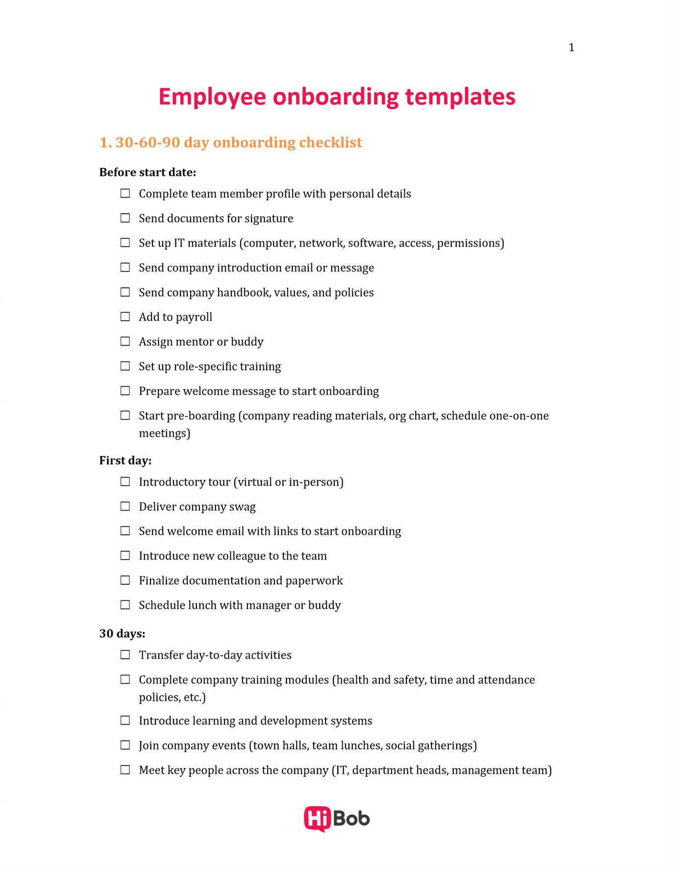 A screenshot of HiBob's employee onboarding templates