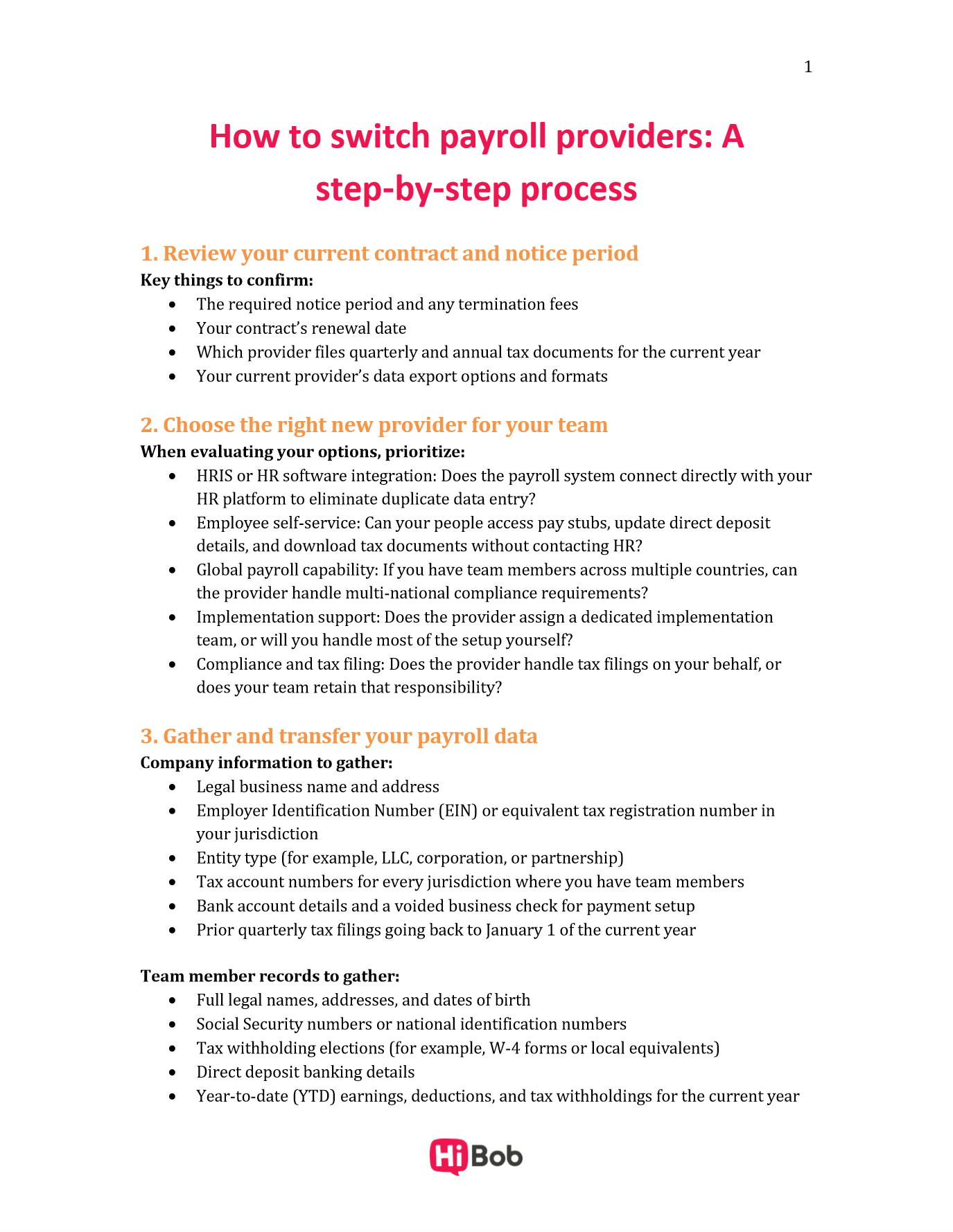 A preview of HiBob’s free checklist for switching payroll providers, showing the first three steps